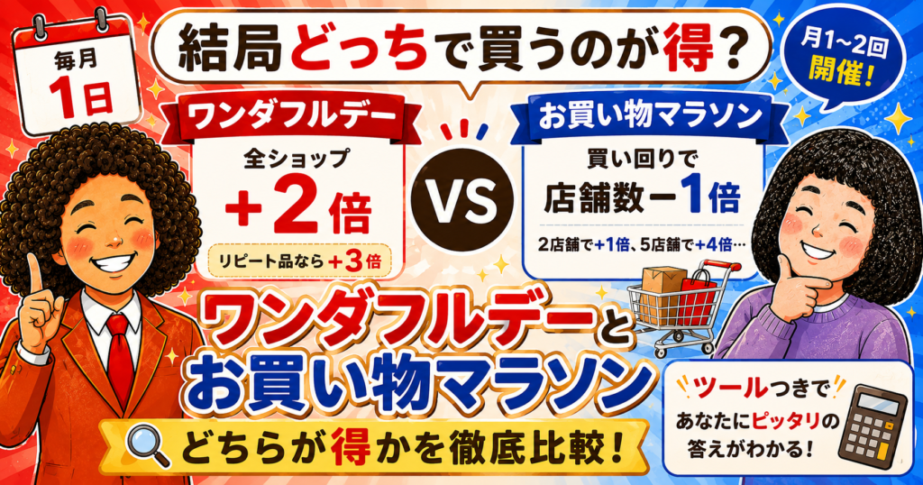 楽天ワンダフルデーとお買い物マラソンどっちがお得？逆転は4店舗から